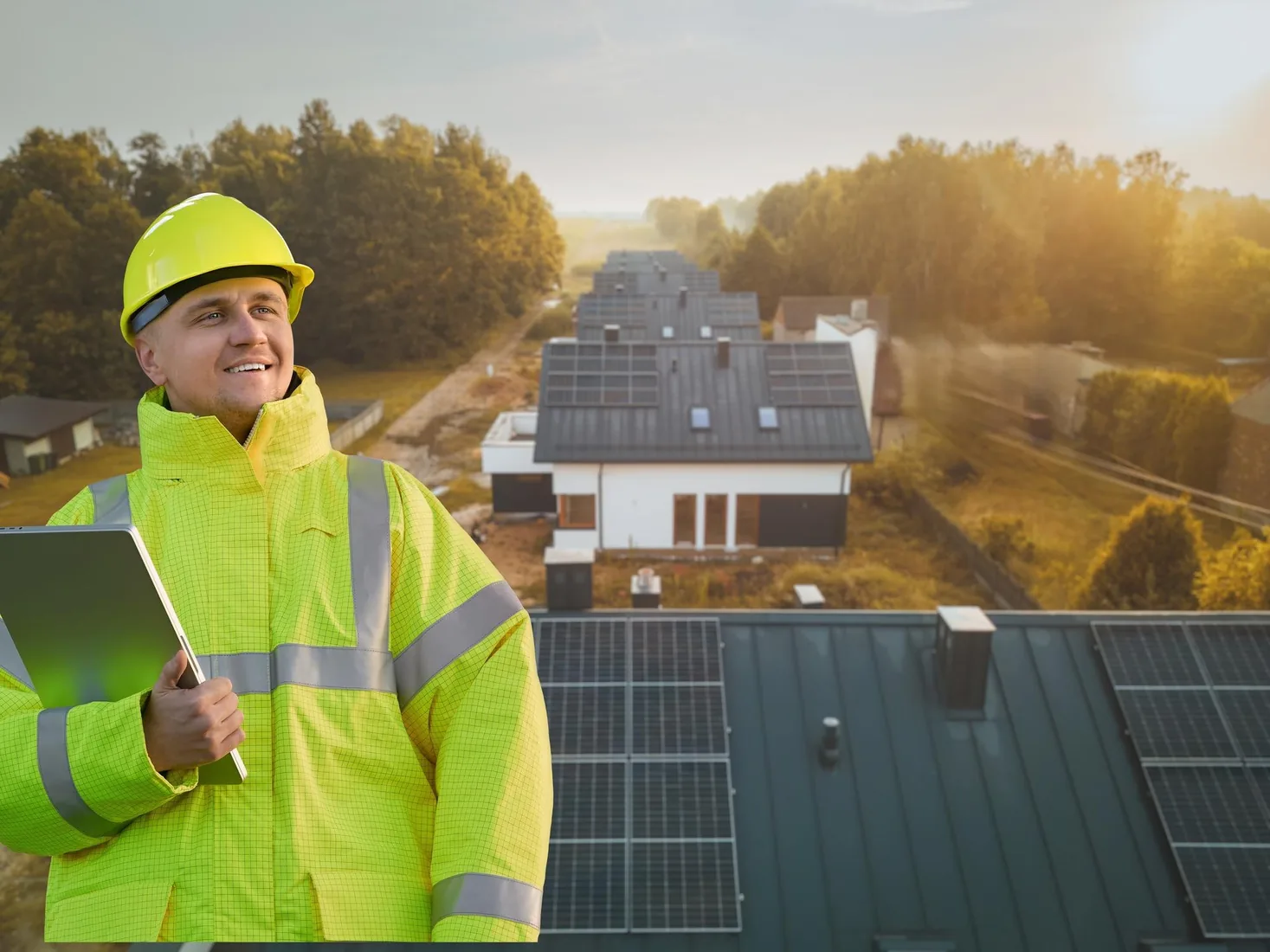 Installateur posant des panneaux solaires photovoltaïques, achat, installation et raccordement sur toiture